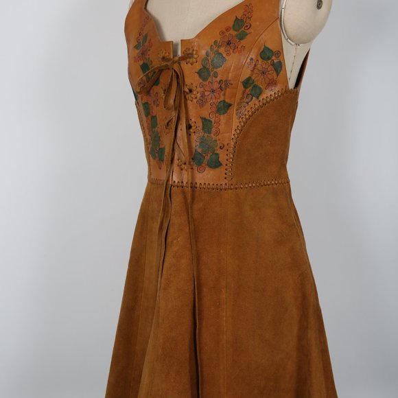 Vintage CHAR Leather Dress 70s Hippie Boho Handmade Hand Painted Florals - Picture 5 of 7
